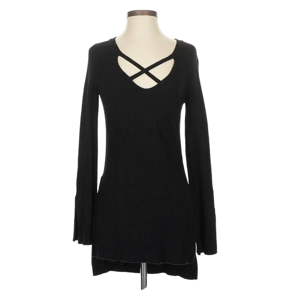 Free People Black Crisscross L/S Sweater Dress Tunic | Boho Twilightcore Casual - Picture 2 of 11
